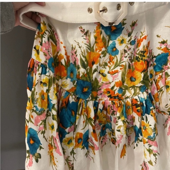 Zimmermann Estelle Floral Print Mini Belted Flared Dress In Multicolor Linen - Picture 4 of 10